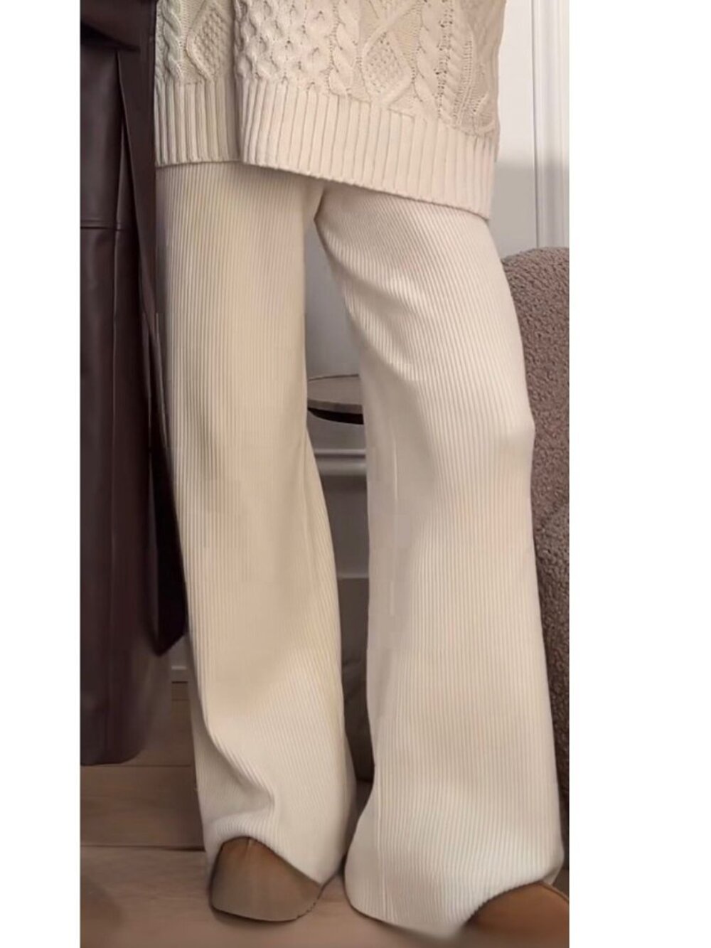 Abercrombie & Fitch Wide Leg Pants Women Large Cream Ribbed Knit Pull On Lounge